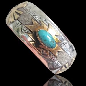 Vintage Sterling Silver Navajo Turquoise Kokopelli Cuff Bracelet